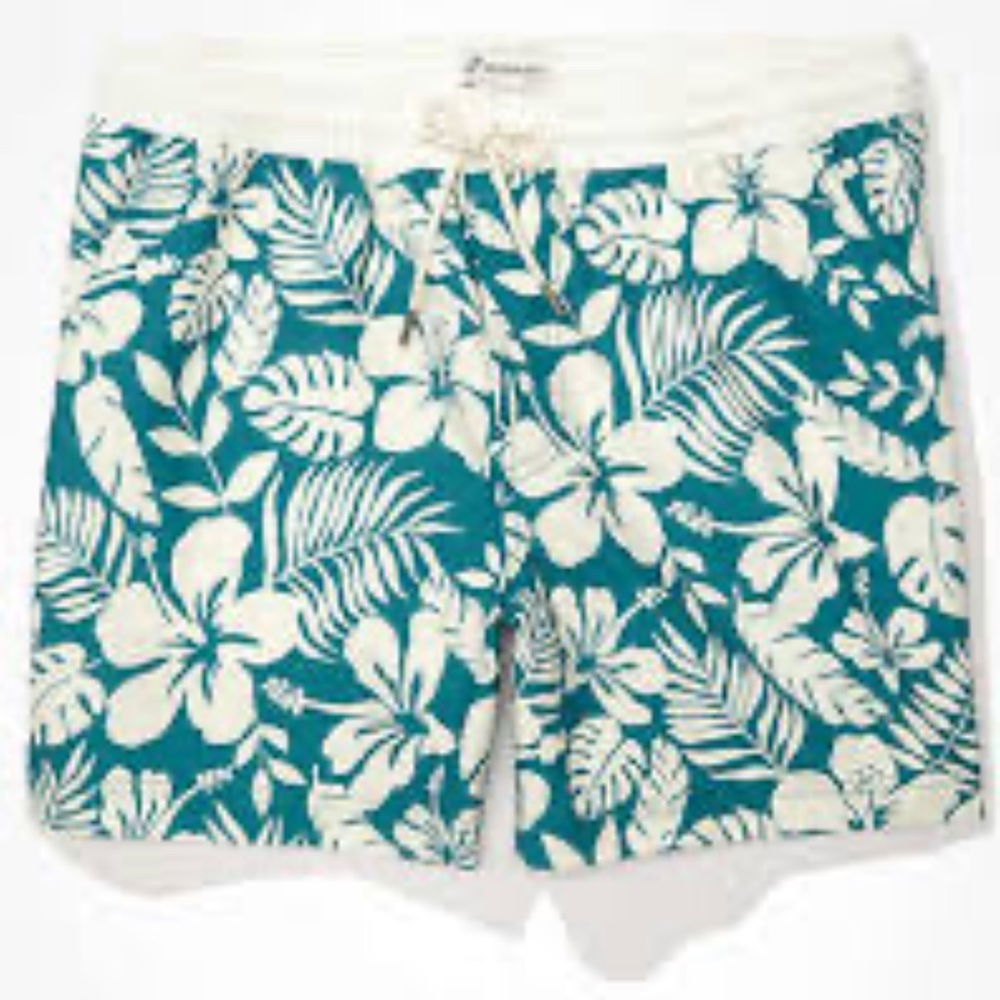 American Eagle Board Shorts 5 Inch Tie Waist Elastic Teal Floral Men’s Medium